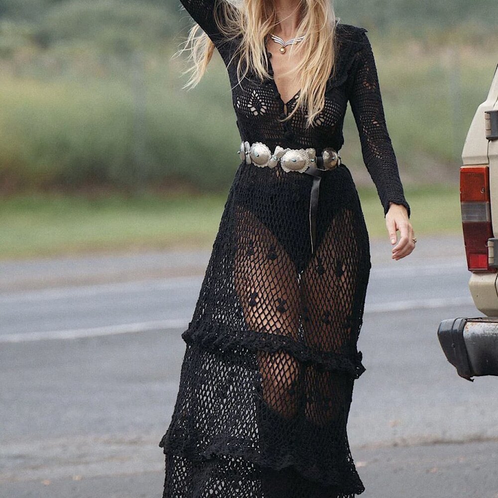 NWT Chasing Unicorns Fire On The Mountain Crochet Ruffle Maxi Dress Black - Picture 6 of 10